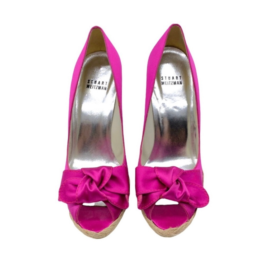 STUART WEITZMAN Fuchsia Pink Satin Espadrille Wedges Size: 7.5